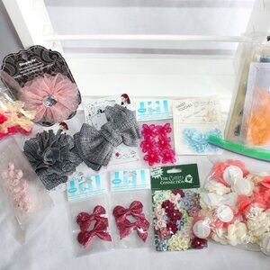 Large Lot Of Sew On And Stick-On Flowers And Bows Crafting Supplies